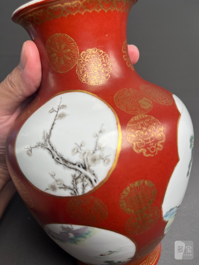 民国  珊瑚红地描金皮球花开光粉彩八仙图大口尊 - 图7